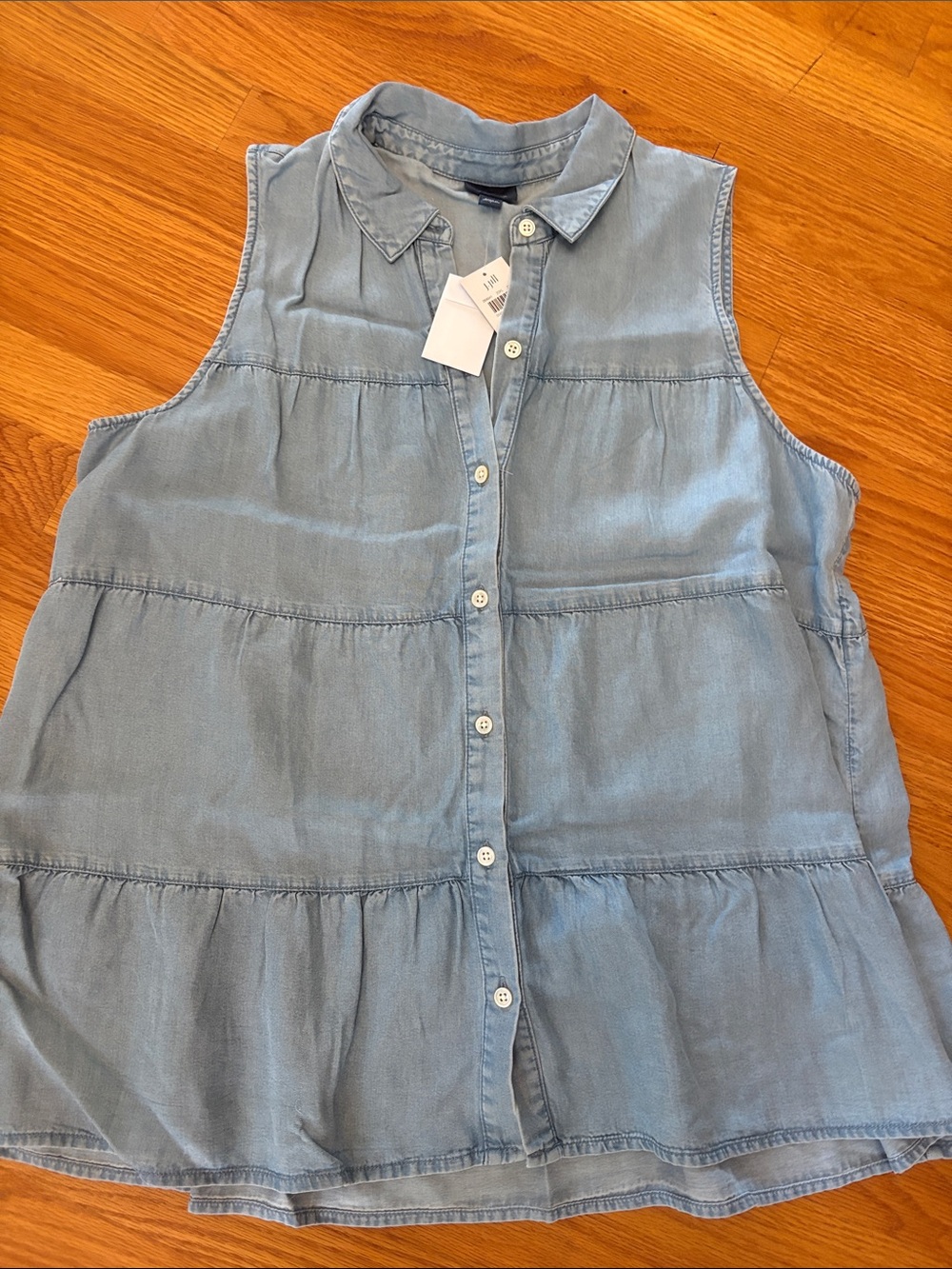 Sleeveless Light Blue Tiered Chambray Blouse